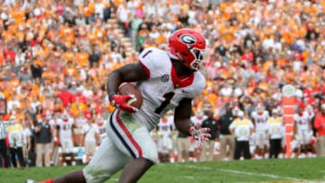 Oct 10, 2015; Knoxville, TN, USA; Georgia Bulldogs running back Sony Michel (1) runs the ball against the Tennessee Volunteers during the first half at Neyland Stadium. Mandatory Credit: Randy Sartin-USA TODAY Sports