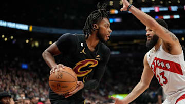 Nov 28, 2022; Toronto, Ontario, CAN; Cleveland Cavaliers guard Darius Garland (10) looks to get around Toronto Raptors guard Fred VanVleet (23) during the first half at Scotiabank Arena. Mandatory Credit: John E. Sokolowski-USA TODAY Sports