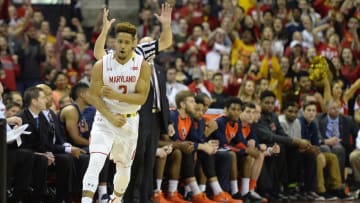 Mar 3, 2016; College Park, MD, USA; Maryland Terrapins guard Melo Trimble (2) reacts after making a three point shot during the first half against the Illinois Fighting Illini at Xfinity Center. Mandatory Credit: Tommy Gilligan-USA TODAY Sports