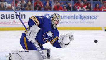 Dec 11, 2021; Buffalo, New York, USA; Buffalo Sabres goaltender Ukko-Pekka Luukkonen (1) looks to make a glove save during the first period against the Washington Capitals at KeyBank Center. Mandatory Credit: Timothy T. Ludwig-USA TODAY Sports