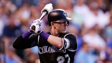 Jul 9, 2016; Denver, CO, USA; Colorado Rockies shortstop Trevor Story (27) in the on deck circle in the fourth inning against the Philadelphia Phillies at Coors Field. Mandatory Credit: Isaiah J. Downing-USA TODAY Sports