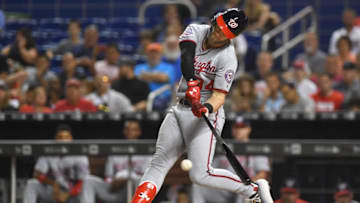 MIAMI, FL - MAY 25: Bryce Harper #34 of the Washington Nationals bats during the sixth inning against the Miami Marlins at Marlins Park on May 25, 2018 in Miami, Florida. (Photo by Mark Brown/Getty Images)