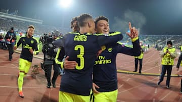 SOFIA, BULGARIA - NOVEMBER 01: (R) Mesut Ozil celebrates scoring the 3rd Arsenal goal with Kieran Gibbs during the UEFA Champions League match between PFC Ludogorets Razgrad and Arsenal FC at Vasil Levski National Stadium on November 1, 2016 in Sofia, Bulgaria. (Photo by Stuart MacFarlane/Arsenal FC via Getty Images)