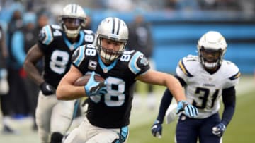 Carolina Panthers tight end Greg Olsen (88) heads upfield after a reception against the San Diego Chargers in the first half at Bank of America Stadium on Sunday, Dec. 11, 2016 in Charlotte, N.C. The Panthers won, 28-16. (David T. Foster III/Charlotte Observer/TNS via Getty Images)
