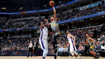 MEMPHIS, TN - NOVEMBER 10: Ivan Rabb #10 of the Memphis Grizzlies shoots the ball against the Philadelphia 76ers on November 10, 2018 at FedExForum in Memphis, Tennessee. NOTE TO USER: User expressly acknowledges and agrees that, by downloading and or using this photograph, User is consenting to the terms and conditions of the Getty Images License Agreement. Mandatory Copyright Notice: Copyright 2018 NBAE (Photo by Joe Murphy/NBAE via Getty Images)