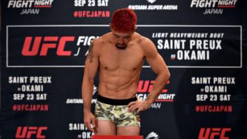 TOKYO, JAPAN - SEPTEMBER 21: Mizuto Hirota of Japan steps on the scale during the UFC Fight Night Weigh-in at the Hilton Tokyo on September 21, 2017 in Tokyo, Japan. (Photo by Jeff Bottari/Zuffa LLC/Zuffa LLC via Getty Images)