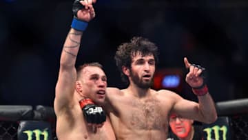 BROOKLYN, NEW YORK - APRIL 07: (L-R) Kyle Bochniak and Zabit Magomedsharipov of Russia react after the conclusion of their featherweight bout during the UFC 223 event inside Barclays Center on April 7, 2018 in Brooklyn, New York. (Photo by Brandon Magnus/Zuffa LLC/Zuffa LLC via Getty Images)