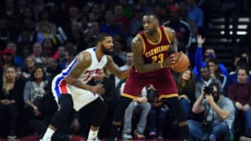 Jan 29, 2016; Auburn Hills, MI, USA; Detroit Pistons forward Marcus Morris (13) defends Cleveland Cavaliers forward LeBron James (23) during the first quarter at The Palace of Auburn Hills. Mandatory Credit: Tim Fuller-USA TODAY Sports