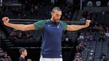 SACRAMENTO, CA - NOVEMBER 25: Rudy Gobert #27 of the Utah Jazz warms up against the Sacramento Kings on November 25, 2018 at Golden 1 Center in Sacramento, California. Copyright 2018 NBAE (Photo by Rocky Widner/NBAE via Getty Images)