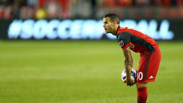 TORONTO, ON - SEPTEMBER 19: Sebastian Giovinco #10 of Toronto FC prepares for a free kick during the first half of the 2018 Campeones Cup Final against Tigres UANL at BMO Field on September 19, 2018 in Toronto, Canada. (Photo by Vaughn Ridley/Getty Images)