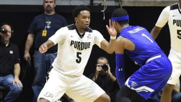 Nov 18, 2016; West Lafayette, IN, USA; Purdue Boilermakers forward Basil Smotherman (5) defends Georgia State Panthers forward Jeremy Hollowell (1) in the second half at Mackey Arena. Purdue won the game 64-56. Mandatory Credit: Sandra Dukes-USA TODAY Sports