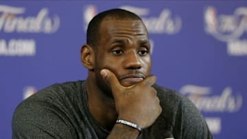 Jun 7, 2013; Miami, FL, USA; Miami Heat small forward LeBron James addresses the media prior to practice at the American Airlines Arena. Mandatory Credit: Derick E. Hingle-USA TODAY Sports