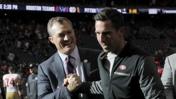 HOUSTON, TX - DECEMBER 10: Head coach Kyle Shanahan of the San Francisco 49ers celebrates with general manager John Lynch after the game against the Houston Texans at NRG Stadium on December 10, 2017 in Houston, Texas. (Photo by Tim Warner/Getty Images)