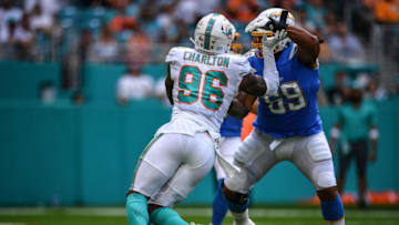 MIAMI, FLORIDA - SEPTEMBER 29: Taco Charlton #98 of the Miami Dolphins in action in the second quarter against the Los Angeles Chargers at Hard Rock Stadium on September 29, 2019 in Miami, Florida. (Photo by Mark Brown/Getty Images)