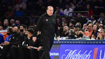 NEW YORK, NEW YORK - OCTOBER 24: Head coach Tom Thibodeau of the New York Knicks looks on against the Orlando Magic at Madison Square Garden on October 24, 2021 in New York City. NOTE TO USER: User expressly acknowledges and agrees that, by downloading and or using this photograph, user is consenting to the terms and conditions of the Getty Images License Agreement. (Photo by Steven Ryan/Getty Images)