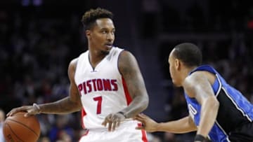 Jan 4, 2016; Auburn Hills, MI, USA; Detroit Pistons guard Brandon Jennings (7) gets defended by Orlando Magic guard Shabazz Napier (13) during the third quarter at The Palace of Auburn Hills. Pistons win 115-89. Mandatory Credit: Raj Mehta-USA TODAY Sports