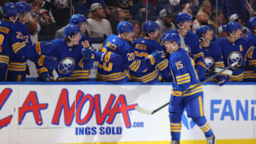 Sep 26, 2023; Buffalo, New York, USA; Buffalo Sabres left wing Brandon Biro (15) celebrates his goal with teammates during the third period against the Boston Bruins at KeyBank Center. Mandatory Credit: Timothy T. Ludwig-USA TODAY Sports