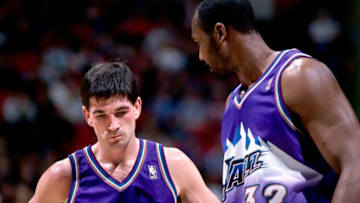MINNEAPOLIS - DECEMBER 23: Karl Malone #32 and John Stockton #12 of the Utah Jazz talk during an NBA game against the Minnesota Timberwolves on December 23, 1996 at the Target Center in Minneapolis, Minnesota. NOTE TO USER: User expressly acknowledges and agrees that, by downloading and/or using this Photograph, user is consenting to the terms and conditions of the Getty Images License Agreement. Mandatory Copyright Notice: Copyright 1996 NBAE (Photo by Andy Hayt/NBAE via Getty Images)