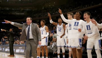 NEW YORK, NEW YORK - NOVEMBER 05: Duke basketball head coach Mike Krzyzewski reacts to a call in the second half against the Kansas Jayhawks (Photo by Elsa/Getty Images)