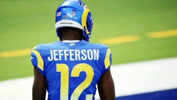 INGLEWOOD, CALIFORNIA - OCTOBER 04: Van Jefferson #12 of the Los Angeles Rams looks on before the game against the New York Giants at SoFi Stadium on October 04, 2020 in Inglewood, California. (Photo by Katelyn Mulcahy/Getty Images)