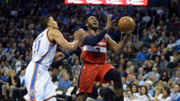 Nov 30, 2016; Oklahoma City, OK, USA; Oklahoma City Thunder forward Andre Roberson (21) blocks a shot attempt by Washington Wizards guard John Wall (2) during the second quarter at Chesapeake Energy Arena. Mandatory Credit: Mark D. Smith-USA TODAY Sports