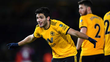 WOLVERHAMPTON, ENGLAND - JANUARY 29: Raul Jimenez of Wolverhampton Wanderers celebrates a goal during the Premier League match between Wolverhampton Wanderers and West Ham United at Molineux on January 29, 2019 in Wolverhampton, United Kingdom. (Photo by Clive Mason/Getty Images)