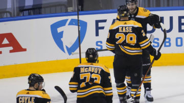Aug 29, 2020; Toronto, Ontario, CAN; Boston Bruins left wing Jake DeBrusk (74) celebrates with teammates after scoring a goal against the Tampa Bay Lightning during the third period in game four of the second round of the 2020 Stanley Cup Playoffs at Scotiabank Arena. Mandatory Credit: John E. Sokolowski-USA TODAY Sports