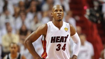 Jun 10, 2014; Miami, FL, USA; Miami Heat guard Ray Allen (34) reacts during the fourth quarter of game three of the 2014 NBA Finals against the San Antonio Spurs at American Airlines Arena. Mandatory Credit: Steve Mitchell-USA TODAY Sports