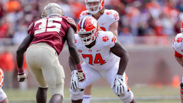 TALLAHASSEE, FL - OCTOBER 27: Offensive Lineman John Simpson #74 of the Clemson Tigers during the game against the Florida State Seminoles at Doak Campbell Stadium on Bobby Bowden Field on October 27, 2018 in Tallahassee, Florida. The #2 Ranked Clemson Tigers defeated the Florida State Seminoles 59 to 10. (Photo by Don Juan Moore/Getty Images)