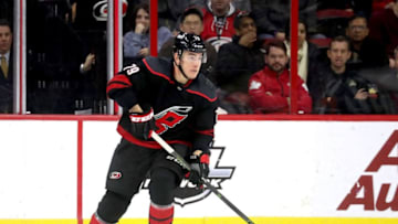 RALEIGH, NC - JANUARY 13: Micheal Ferland #79 of the Carolina Hurricanes skates with the puck during an NHL game against the Nashville Predators on January 13 ,2019 at PNC Arena in Raleigh, North Carolina. (Photo by Gregg Forwerck/NHLI via Getty Images)