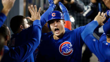 LOS ANGELES, CA - JUNE 15: Chicago Cubs first baseman Anthony Rizzo (44) gets congratulated after hitting a two - run home run during the game against the Los Angeles Dodgers on June 15, 2019, at Dodger Stadium in Los Angeles, CA. (Photo by Adam Davis/Icon Sportswire via Getty Images)