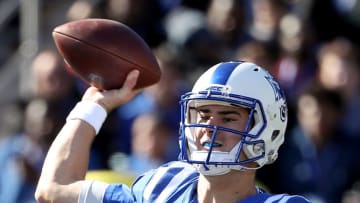 DURHAM, NC - NOVEMBER 10: Daniel Jones #17 of the Duke Blue Devils drops back to pass against the North Carolina Tar Heels during their game at Wallace Wade Stadium on November 10, 2018 in Durham, North Carolina. (Photo by Streeter Lecka/Getty Images)
