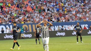 Aug 6, 2013; Miami Gardens, FL, USA; Internazionale defender Andrea Ranocchia (23) reacts after scoring a goal against Juventus during the first half at Sun Life Stadium. Mandatory Credit: Steve Mitchell-USA TODAY Sports