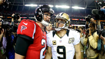 ATLANTA, GA - JANUARY 01: Atlanta Falcons quarterback Matt Ryan (2) speaks with New Orleans Saints quarterback Drew Brees (9) at the conclusion of an NFL football game on January 1, 2017, at Georgia Dome in Atlanta, GA. The Atlanta Falcons defeated the New Orleans Saints 38-32. (Photo by Todd Kirkland/Icon Sportswire via Getty Images)