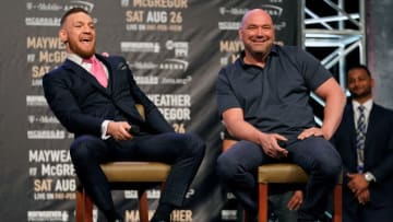 LOS ANGELES, CA - JULY 11: (L-R) Conor McGregor and UFC President Dana White interact on stage during the Floyd Mayweather Jr. v Conor McGregor World Press Tour event at the Staples Center on July 11, 2017 in Los Angeles, California. (Photo by Jeff Bottari/Zuffa LLC/Zuffa LLC via Getty Images)