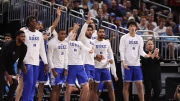 Mar 18, 2023; Orlando, FL, USA; Duke Blue Devils players celebrate a basket against the Tennessee Volunteers during the first half in the second round of the 2023 NCAA Tournament at Legacy Arena. Mandatory Credit: Matt Pendleton-USA TODAY Sports
