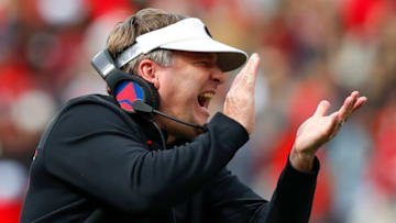 ATHENS, GA - NOVEMBER 06: Head coach Kirby Smart of the Georgia Bulldogs reacts in the first half against the Missouri Tigers at Sanford Stadium on November 6, 2021 in Athens, Georgia. (Photo by Todd Kirkland/Getty Images)