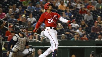 Jul 13, 2022; Washington, District of Columbia, USA; Washington Nationals right fielder Juan Soto (22) watches his solo home run against the Seattle Mariners during the ninth inning at Nationals Park. Mandatory Credit: Brad Mills-USA TODAY Sports
