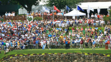 NEWTOWN SQUARE, PA - JULY 2: Fans watch players tee off on the first hole during the third round of the AT&T National at Aronimink Golf Club on July 2, 2011 in Newtown Square, Pennsylvania. (Photo by Hunter Martin/Getty Images)