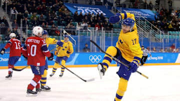 GANGNEUNG, SOUTH KOREA - FEBRUARY 15: Par Lindholm #17 of Sweden celebrates after scoring the opening goal during the Men's Ice Hockey Preliminary Round Group C game between Norway and Sweden on day six of the PyeongChang 2018 Winter Olympic Games at Gangneung Hockey Centre on February 15, 2018 in Gangneung, South Korea. (Photo by Bruce Bennett/Getty Images)