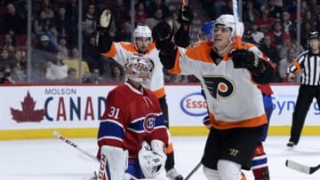 Nov 5, 2016; Montreal, Quebec, CAN; Philadelphia Flyers forward Travis Konecny (11) reacts after scoring a goal against Montreal Canadiens goalie Carey Price (31) during the third period at the Bell Centre. Mandatory Credit: Eric Bolte-USA TODAY Sports