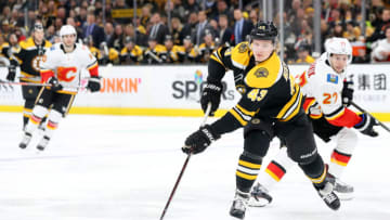 BOSTON, MASSACHUSETTS - JANUARY 03: Danton Heinen #43 of the Boston Bruins skates against the Calgary Flames during the third period at TD Garden on January 03, 2019 in Boston, Massachusetts. The Bruins defeat the Flames 6-4. (Photo by Maddie Meyer/Getty Images)