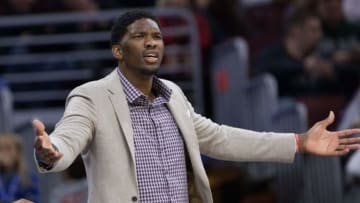 Apr 5, 2016; Philadelphia, PA, USA; Philadelphia 76ers center Joel Embiid (21) reacts to an officials call during the second half against the New Orleans Pelicans at Wells Fargo Center. The Philadelphia 76ers won 107-93. Mandatory Credit: Bill Streicher-USA TODAY Sports