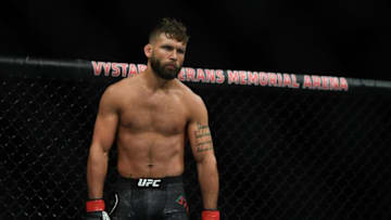 May 9, 2020; Jacksonville, Florida, USA; Jeremy Stephens (red gloves) before his fight against Calvin Kattar (blue gloves) during UFC 249 at VyStar Veterans Memorial Arena. Mandatory Credit: Jasen Vinlove-USA TODAY Sports