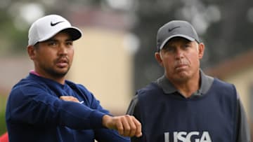 PEBBLE BEACH, CALIFORNIA - JUNE 13: Jason Day of Australia (L) and his caddie, Steve Williams, talk on the second hole during the first round of the 2019 U.S. Open at Pebble Beach Golf Links on June 13, 2019 in Pebble Beach, California. (Photo by Harry How/Getty Images)