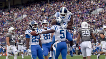 EVANSTON, IL- SEPTEMBER 08: Johnathan Lloyd #5 of the Duke Blue Devils celebrates his touchdown with his teammates against the Northwestern Wildcats during the first half on September 8, 2018 at Ryan Field in Evanston, Illinois. (Photo by David Banks/Getty Images)