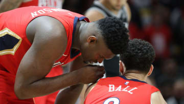 Zion Williamson #1 of the New Orleans Pelicans talks with Lonzo Ball #2 of the New Orleans Pelicans (Photo by Chris Graythen/Getty Images)