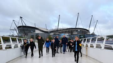MANCHESTER, ENGLAND - OCTOBER 06: General view outside the stadium as fans walk over a bridge prior to the Premier League match between Manchester City and Wolverhampton Wanderers at Etihad Stadium on October 06, 2019 in Manchester, United Kingdom. (Photo by Alex Livesey/Getty Images)