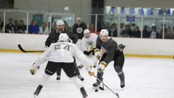 LAS VEGAS, NV - JULY 01: Jonas Rondbjerg (46) moves the puck during the Vegas Golden Knights Development Camp at the Las Vegas Ice Center on July 01, 2017 in Las Vegas, Nevada. (Photo by Marc Sanchez/Icon Sportswire via Getty Images)
