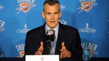 May 1, 2015; Oklahoma City, OK, USA; Oklahoma City Thunder new head coach Billy Donovan speaks to the media at Chesapeake Energy Arena. Mandatory Credit: Mark D. Smith-USA TODAY Sports